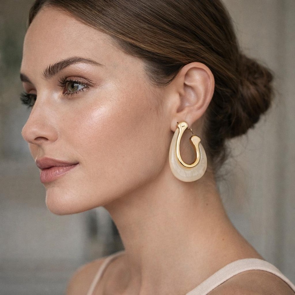 Girly‎ 18K Gold Dipped Marbled Cream Resin Inlay Teardrop Hoop Earrings